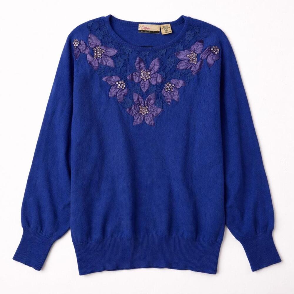 Grannycore Grandmacore Vintage Plus Size 18W Cobalt Blue 80s/90s Beaded Sweater